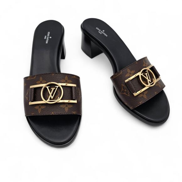 Louis Vuitton Lock It Heel Mule Sandal Monogram Brown Canvas Gold Size 41 US 11 - Picture 1 of 13